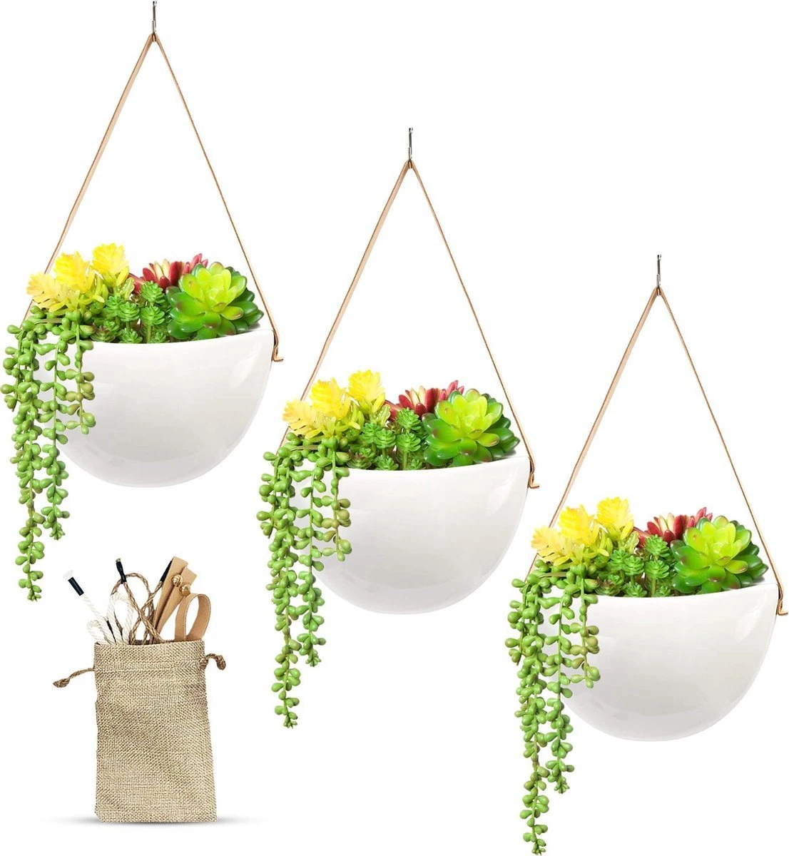Plantenhanger Keramiek – Set Van 3 – Wit Steen- Hangpot – Hangende Bloempot Plantenpot - 3 Verschillende Koorden - 18 X 11 X 7 Cm - Afbeelding 3