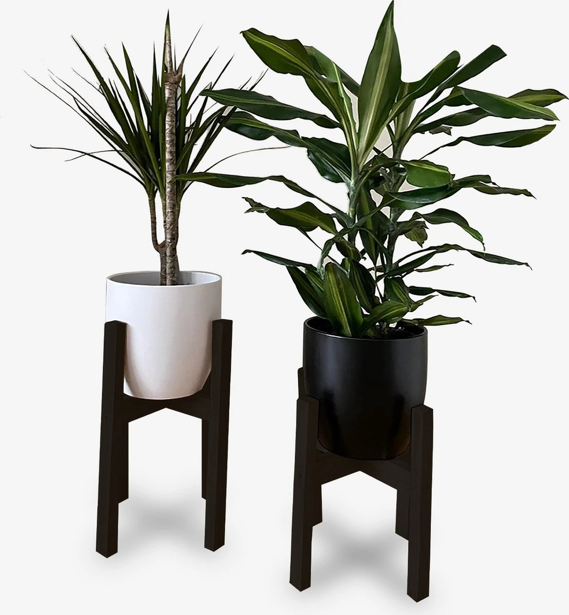 Plantenstandaard Binnen - Set Van 2 - Diameter Tot 24 Cm - Plantenkruk - Bloempotten Voor Binnen - Plantentafeltje Voor Binnen - Bloempot Standaard - Plantenstandaard - Hout - Mat Zwart/Donkergrijs