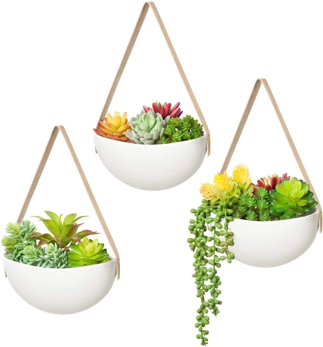 Plantenhanger Keramiek – Set Van 3 – Wit Steen- Hangpot – Hangende Bloempot Plantenpot - 3 Verschillende Koorden - 18 X 11 X 7 Cm
