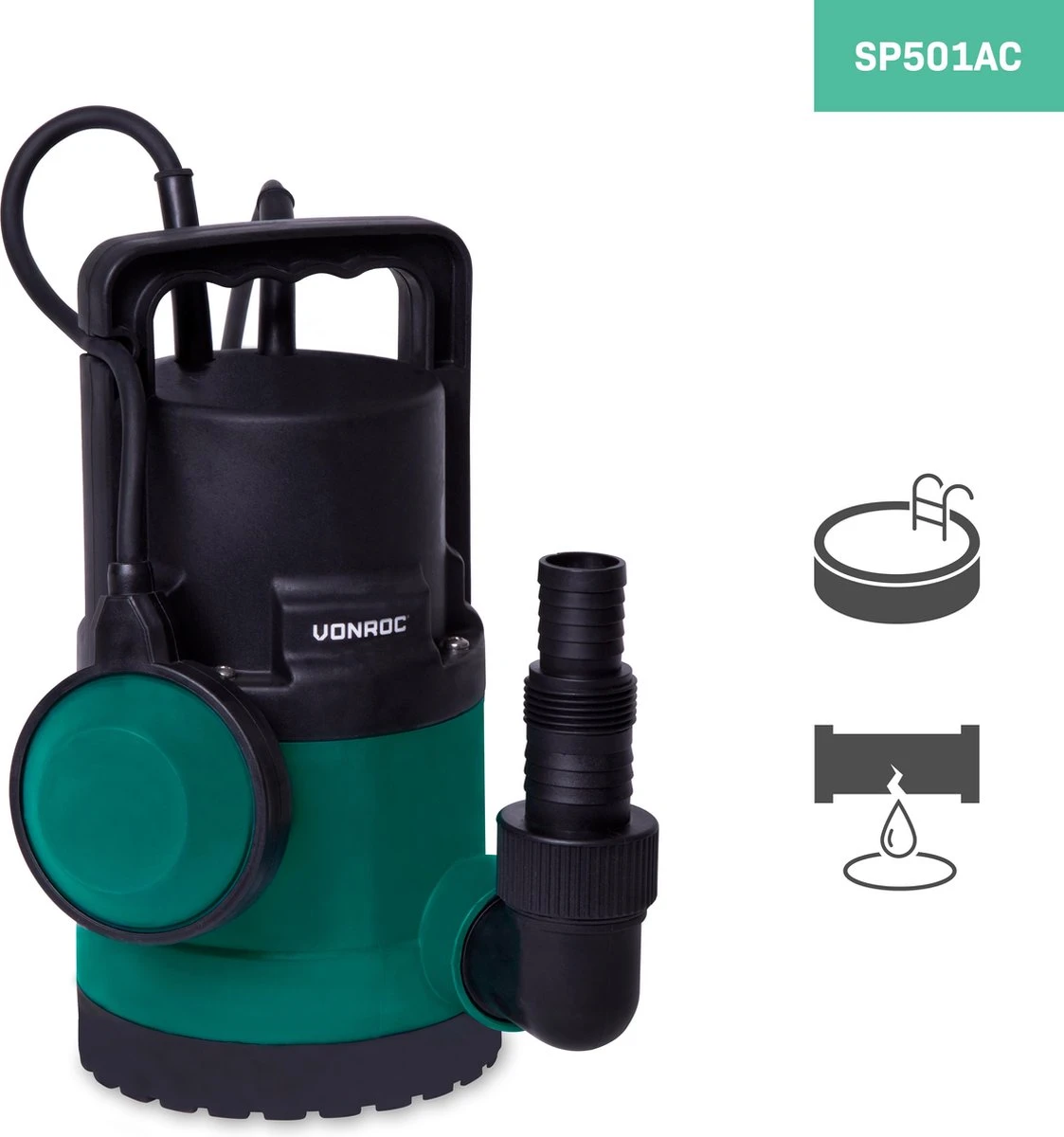 VONROC Dompelpomp/Waterpomp 300W - 6500l/h - Voor Schoon En Licht Vervuild Water - Met Vlotter - Afbeelding 5