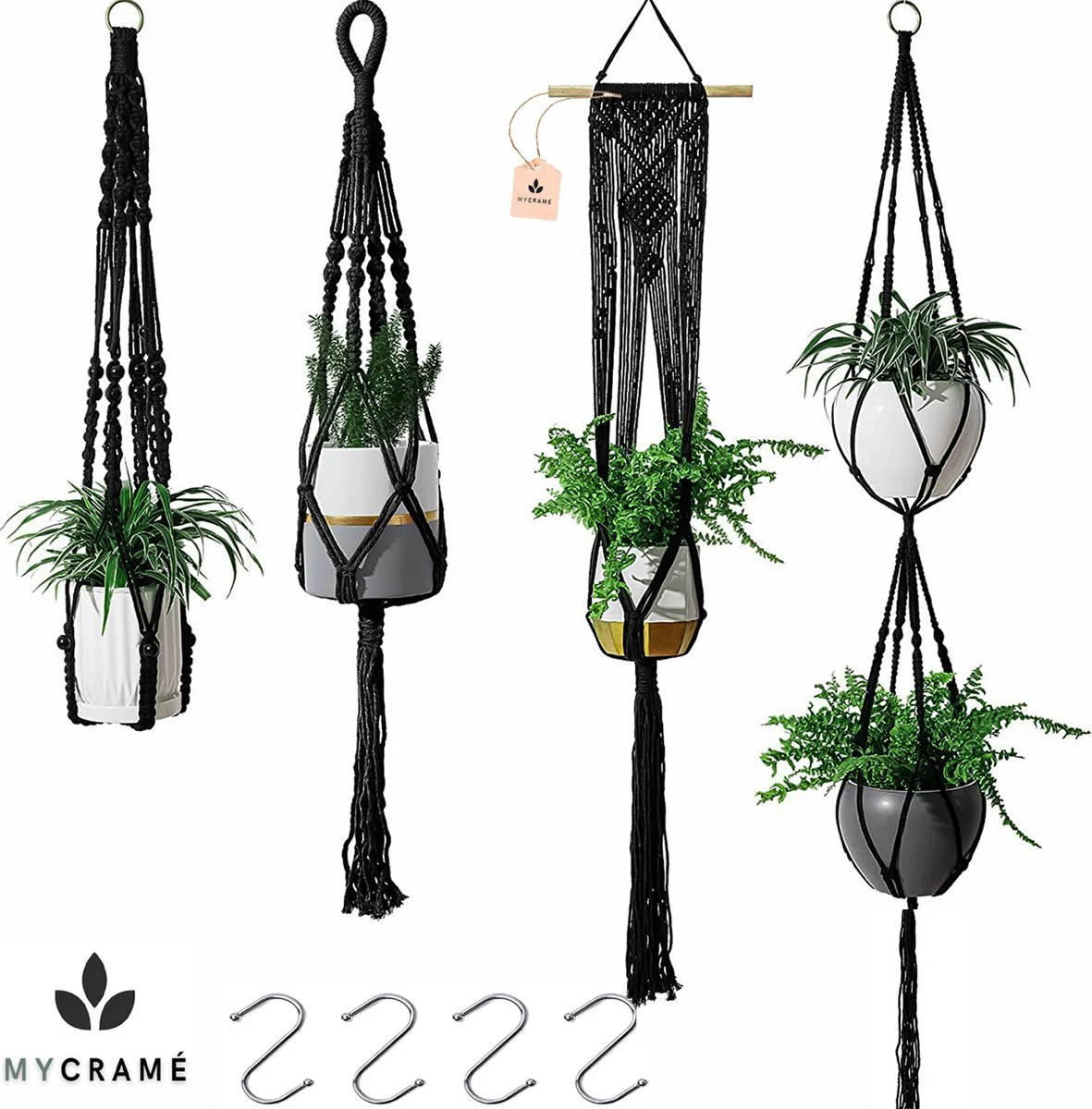 4 Stuks Luxe Macrame Plantenhangers - Boho Handgeweven Katoen Hangpot Voor Binnen/Buiten - Hangende Bloempot Met Kralen - Macramé Touw/Koord Hangplant Houder - Bohemian Wandhanger Decoratie - Plant Hanger - Verticale Tuin Bloempothouder Planthanger