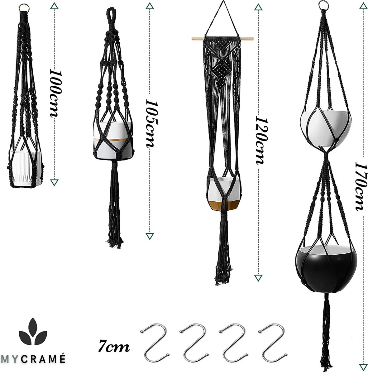 4 Stuks Luxe Macrame Plantenhangers - Boho Handgeweven Katoen Hangpot Voor Binnen/Buiten - Hangende Bloempot Met Kralen - Macramé Touw/Koord Hangplant Houder - Bohemian Wandhanger Decoratie - Plant Hanger - Verticale Tuin Bloempothouder Planthanger - Afbeelding 7