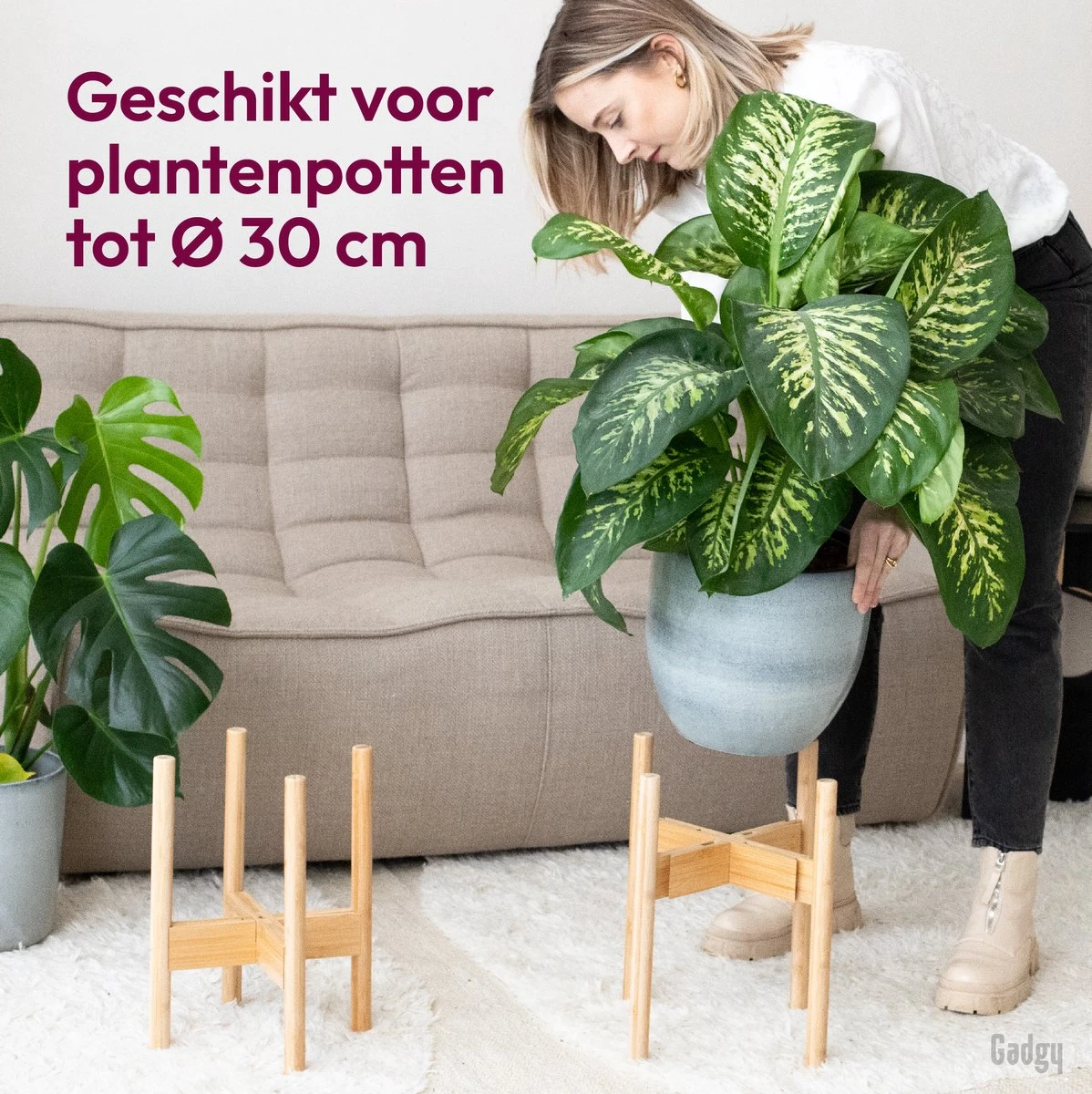 Gadgy Bamboe Plantenstandaard 2 St - Plantentafel - Plantentafeltje Voor Binnen - Plantenrek - Uitschuifbaar - Hout - Ø 20 Tot 30 Cm - Afbeelding 5