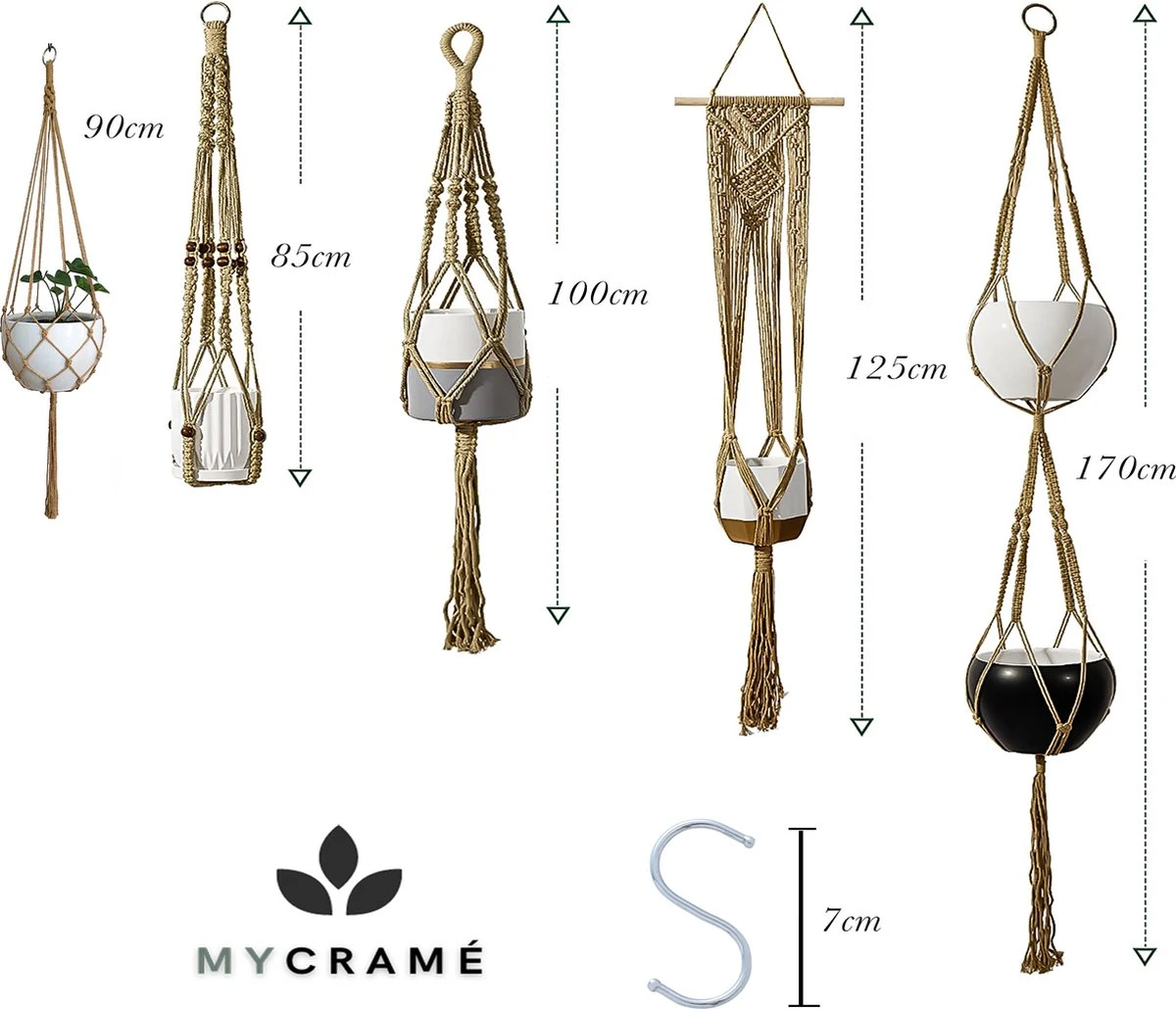5 Stuks Luxe Jute Plantenhangers - Boho Handgeweven Katoen Hangpot Voor Binnen/Buiten - Hangende Bloempot Met Kralen - Macramé Touw/Koord Hangplant Houder - Bohemian Wandhanger Decoratie - Plant Hanger - Verticale Tuin Bloempothouder Planthanger - Afbeelding 7