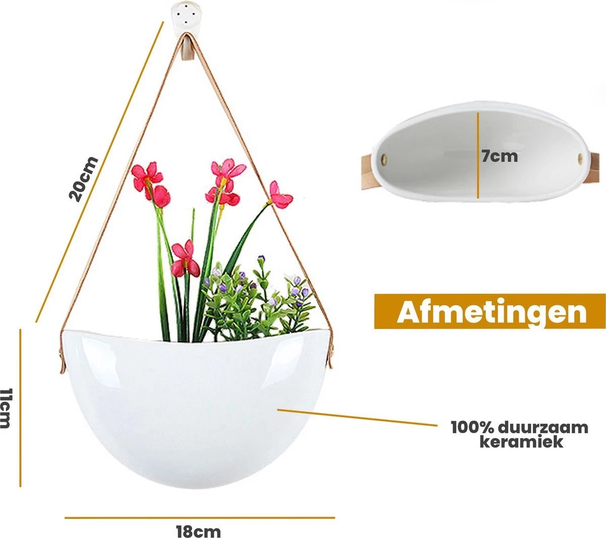 Plantenhanger Keramiek – Set Van 3 – Wit Steen- Hangpot – Hangende Bloempot Plantenpot - 3 Verschillende Koorden - 18 X 11 X 7 Cm - Afbeelding 8