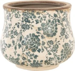 Clayre & Eef Bloempot Ø 21x17 Cm Beige Groen Keramiek Rond Bloemen Bloempot Binnen Plantenpot Plant Pot
