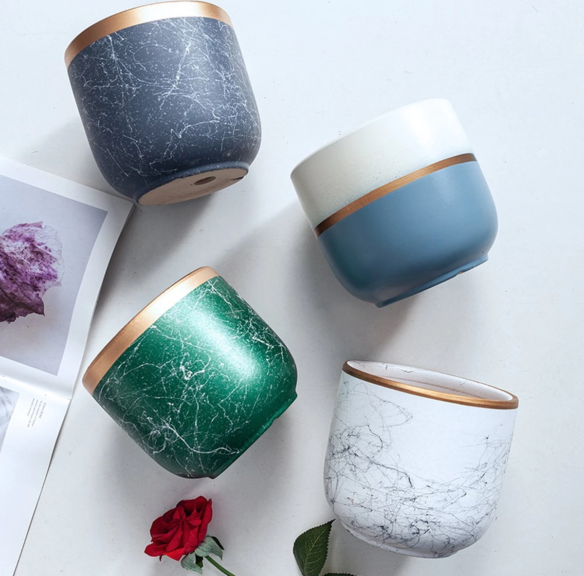 Bloempotten Binnen - Keramiek - Gouden Rand - Bloempot Buiten - Afvoergat 24 Cm - Groen – Groot - Afbeelding 6