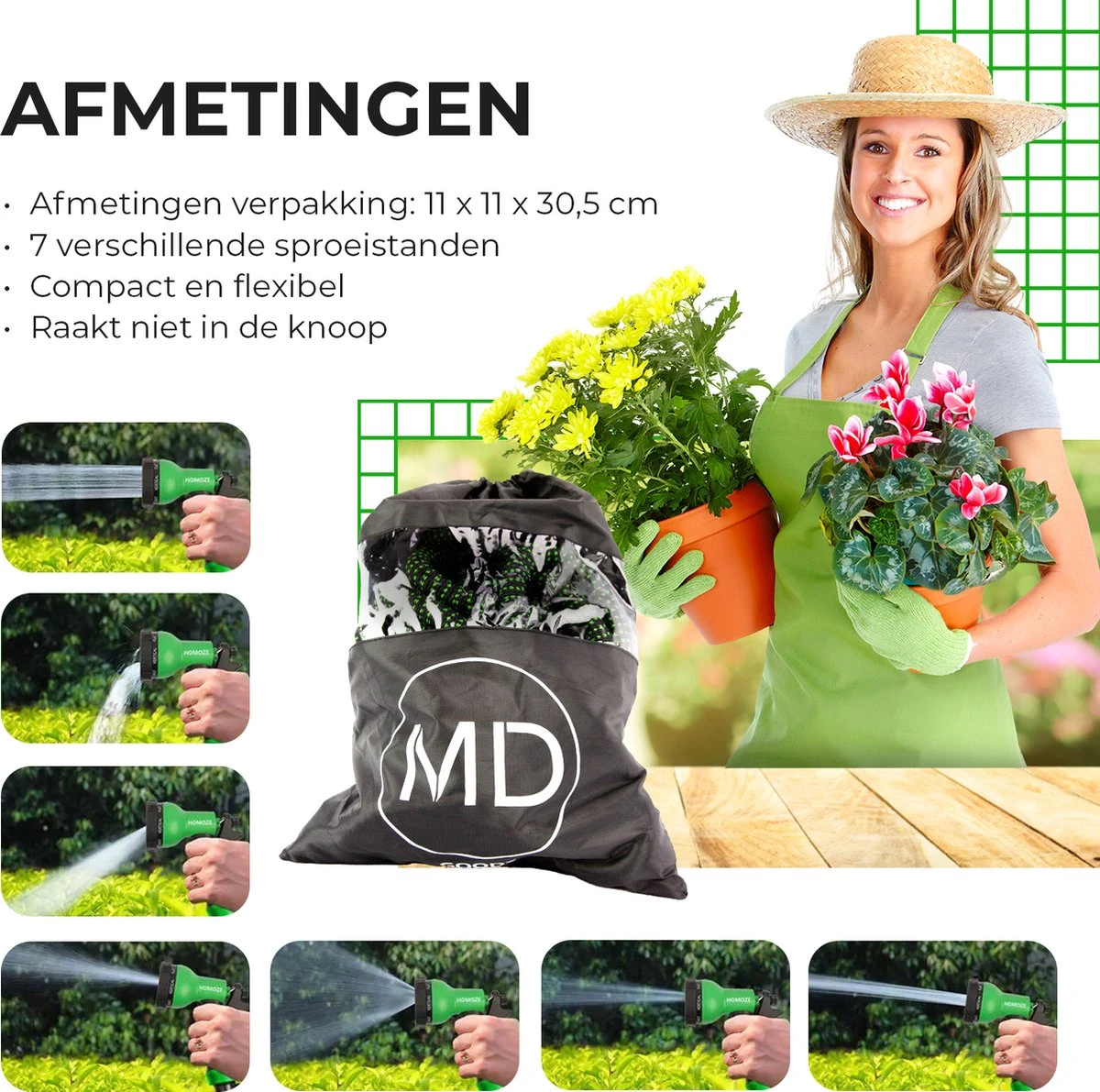 Uitrekbare Tuinslang Tot 15 Meter Van MD-goods ® - Tuinsproeier - Tuin Besproeien - Waterslang - Sproeikop - Groen - Flexibel Elastisch - Afbeelding 4