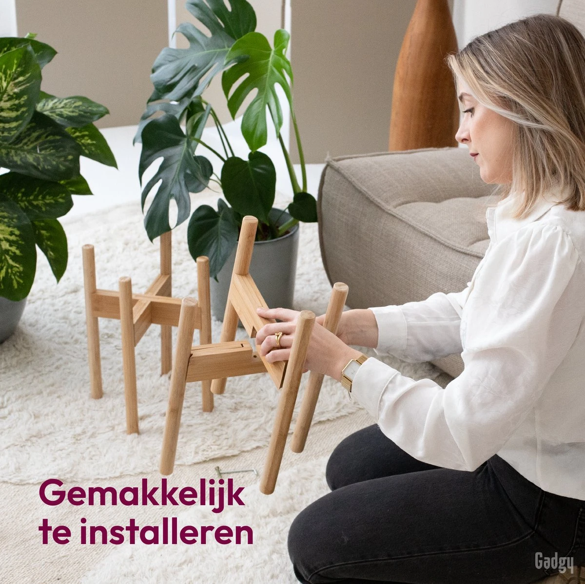 Gadgy Bamboe Plantenstandaard 2 St - Plantentafel - Plantentafeltje Voor Binnen - Plantenrek - Uitschuifbaar - Hout - Ø 20 Tot 30 Cm - Afbeelding 2