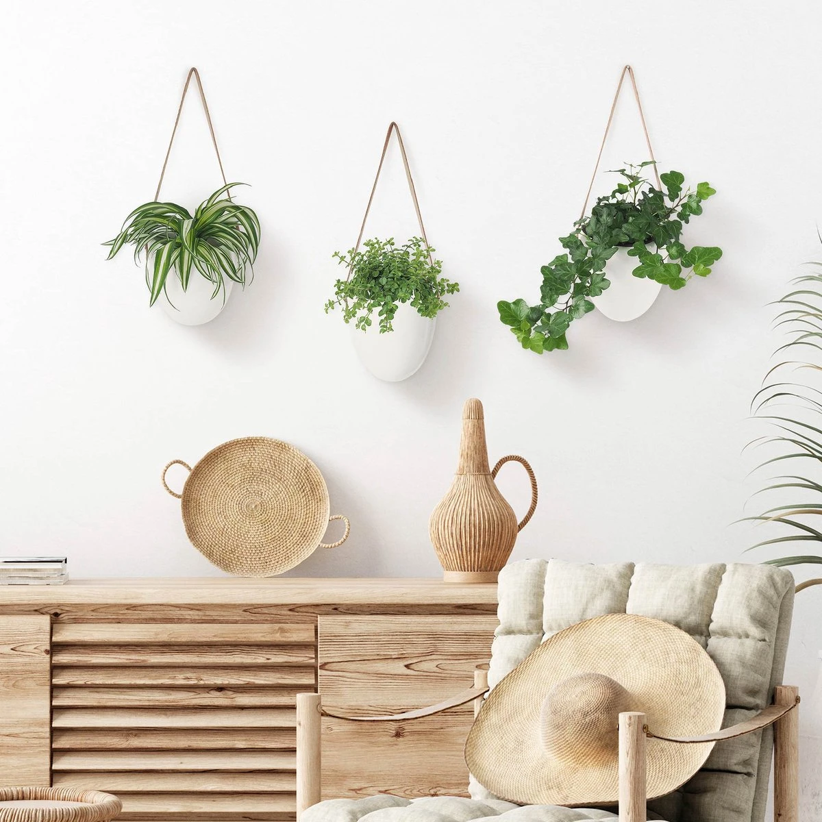 Gadgy Plantenhanger Keramiek - Set Van 3 - Hangpot Van Wit Steen - Hangende Bloempot Plantenpot - Met 3 Verschillende Koorden - 12x11x9.5CM - Afbeelding 6