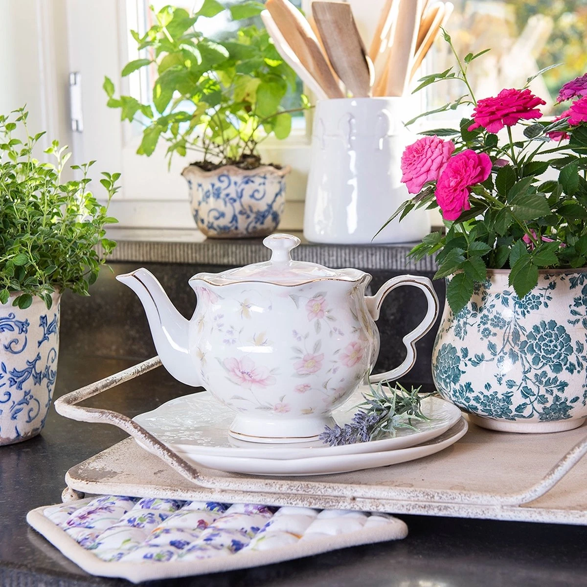 Clayre & Eef Bloempot Ø 21x17 Cm Beige Groen Keramiek Rond Bloemen Bloempot Binnen Plantenpot Plant Pot - Afbeelding 3