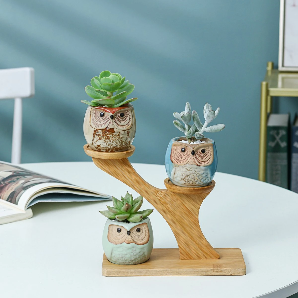 Luxe Bamboe Houten Boom Met 3 Keramiek Uil Bloempotten/Plantenpotten Op Standaard/Voet Voor Binnen En Buiten - Modern Design Bloempot/Plantenpot Op Poten/Pootjes-Plantenbak Mini Cactus Nep Plant Pot Houder - Kleine Bloembakken Plantenrek/Plantenkurk - Afbeelding 2