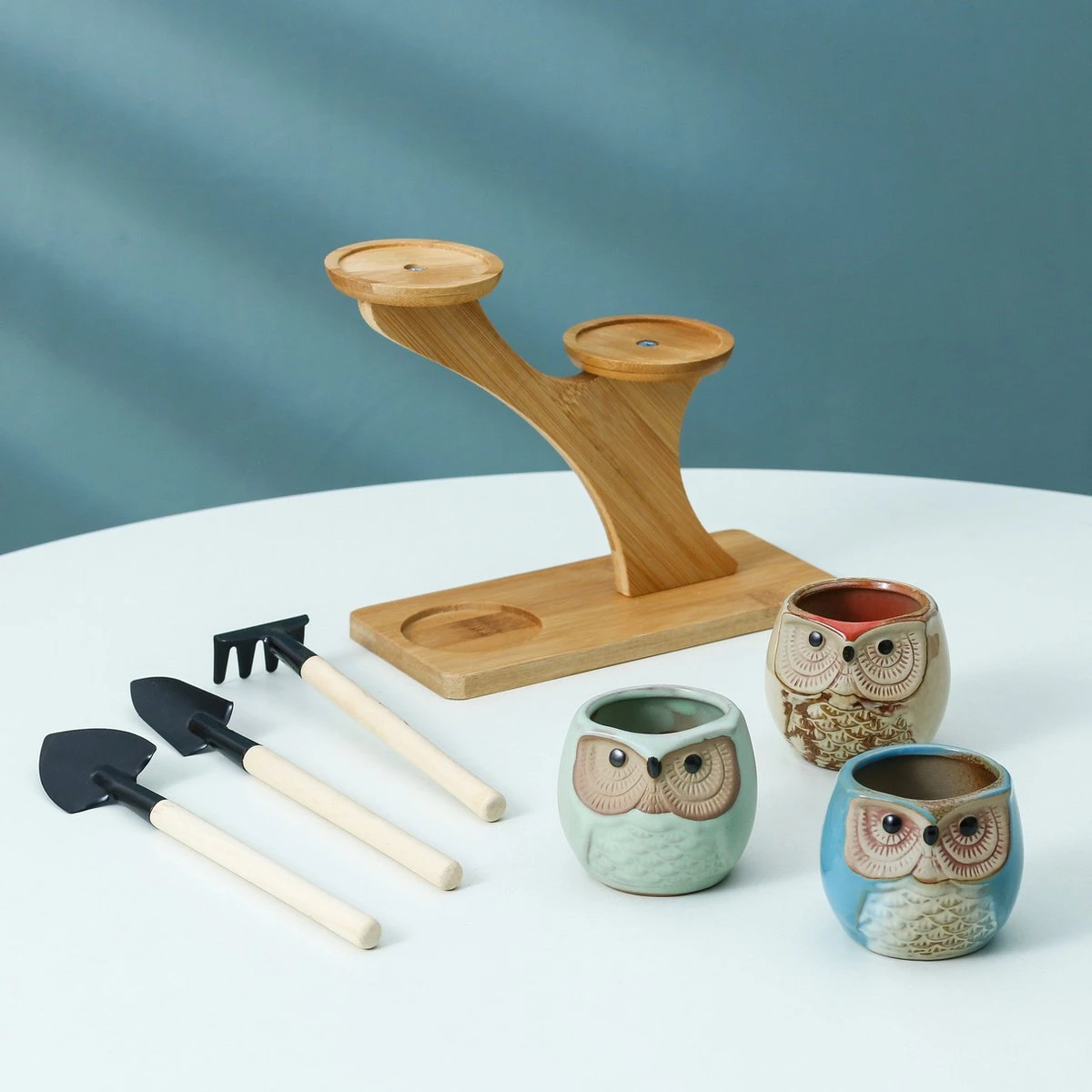 Luxe Bamboe Houten Boom Met 3 Keramiek Uil Bloempotten/Plantenpotten Op Standaard/Voet Voor Binnen En Buiten - Modern Design Bloempot/Plantenpot Op Poten/Pootjes-Plantenbak Mini Cactus Nep Plant Pot Houder - Kleine Bloembakken Plantenrek/Plantenkurk - Afbeelding 7