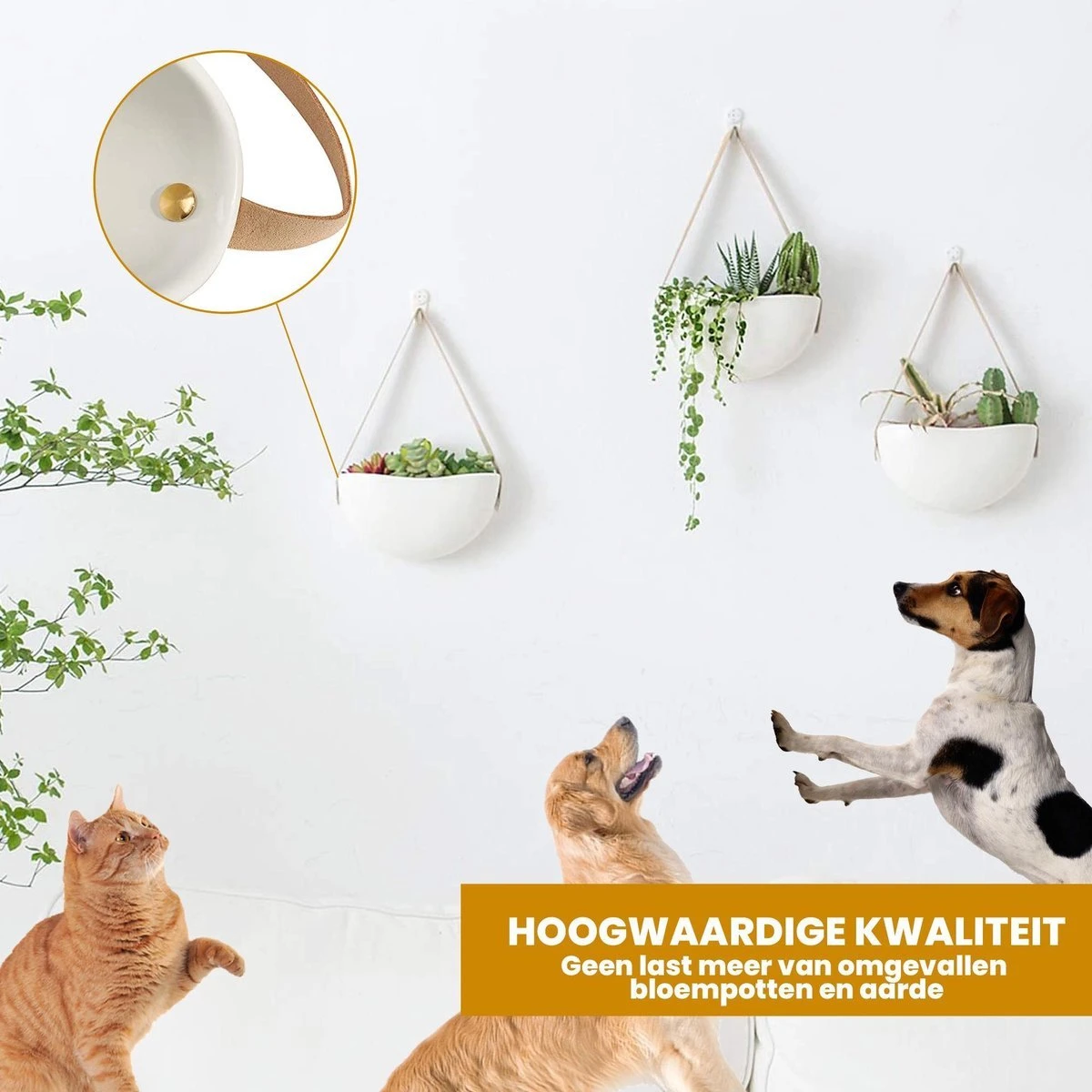 Plantenhanger Keramiek – Set Van 3 – Wit Steen- Hangpot – Hangende Bloempot Plantenpot - 3 Verschillende Koorden - 18 X 11 X 7 Cm - Afbeelding 2