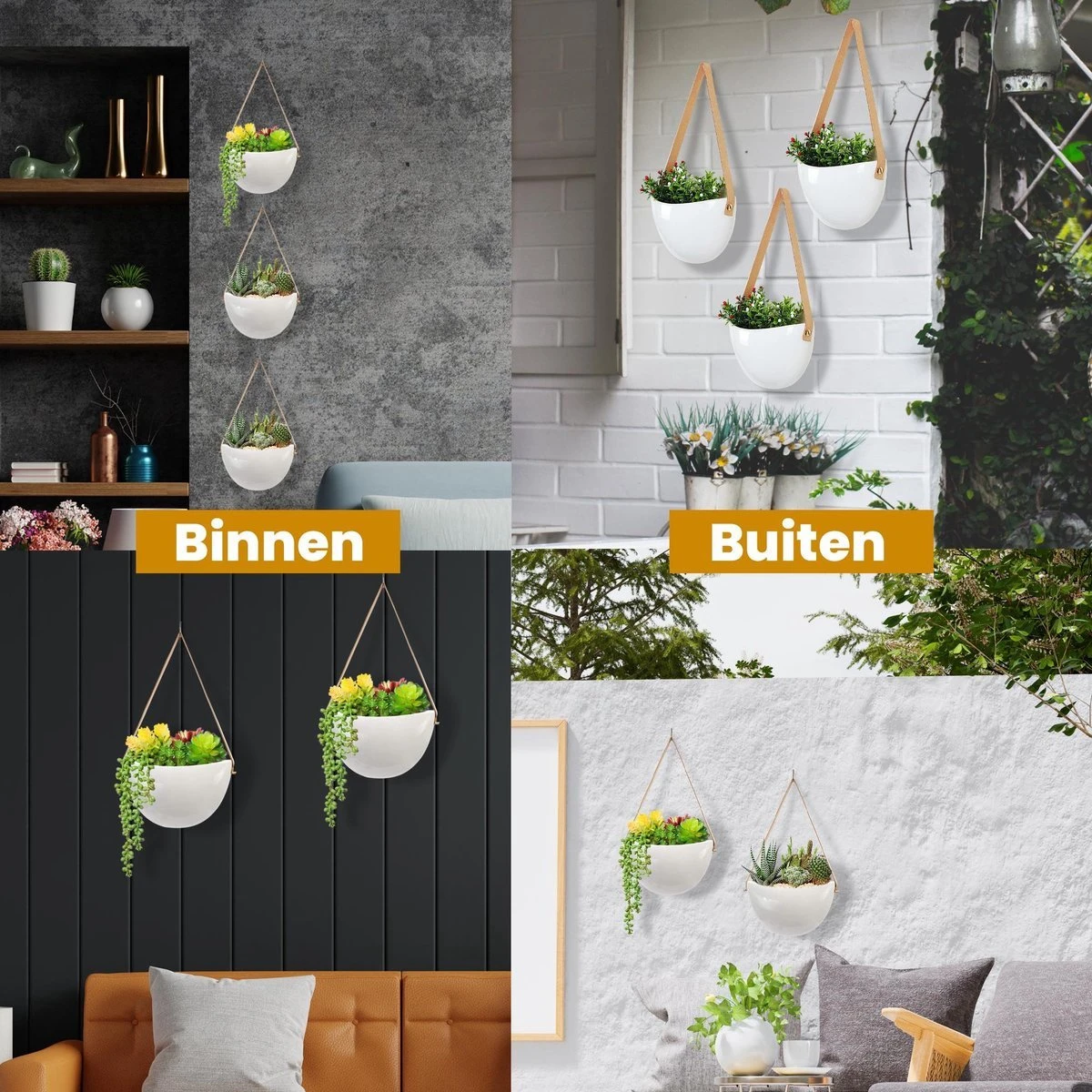 Plantenhanger Keramiek – Set Van 3 – Wit Steen- Hangpot – Hangende Bloempot Plantenpot - 3 Verschillende Koorden - 18 X 11 X 7 Cm - Afbeelding 4