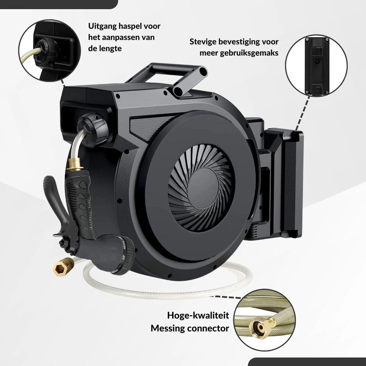 Buxibo - Wandslangenbox 20 Meter + 2 Meter - Tuinslang Met Haspel - 9 Sproei Standen - Slangenhouder 180° Draaibaar - Tuinslanghaspel Zwart+ Gratis Sproeier - Zwart - Afbeelding 12