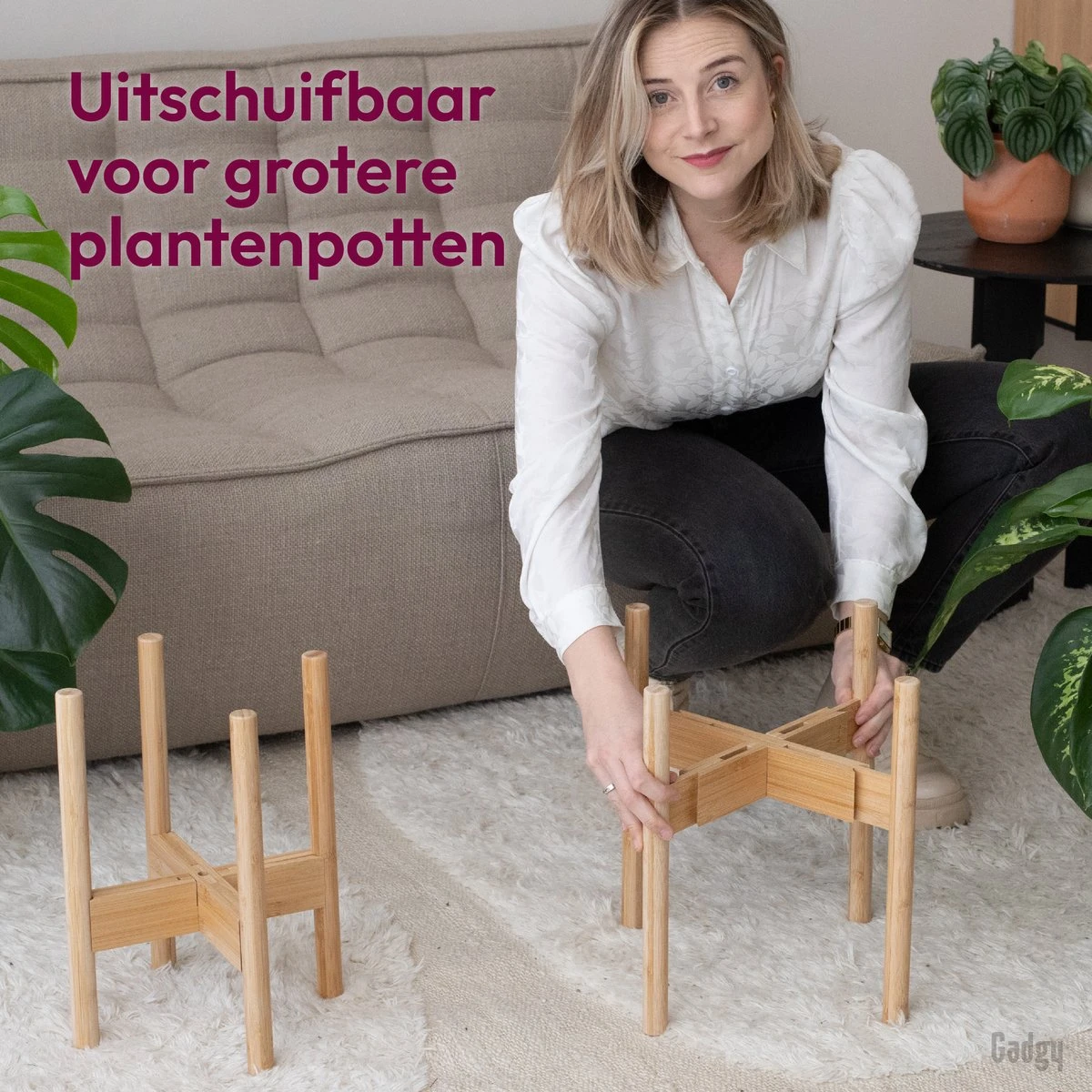 Gadgy Bamboe Plantenstandaard 2 St - Plantentafel - Plantentafeltje Voor Binnen - Plantenrek - Uitschuifbaar - Hout - Ø 20 Tot 30 Cm - Afbeelding 3