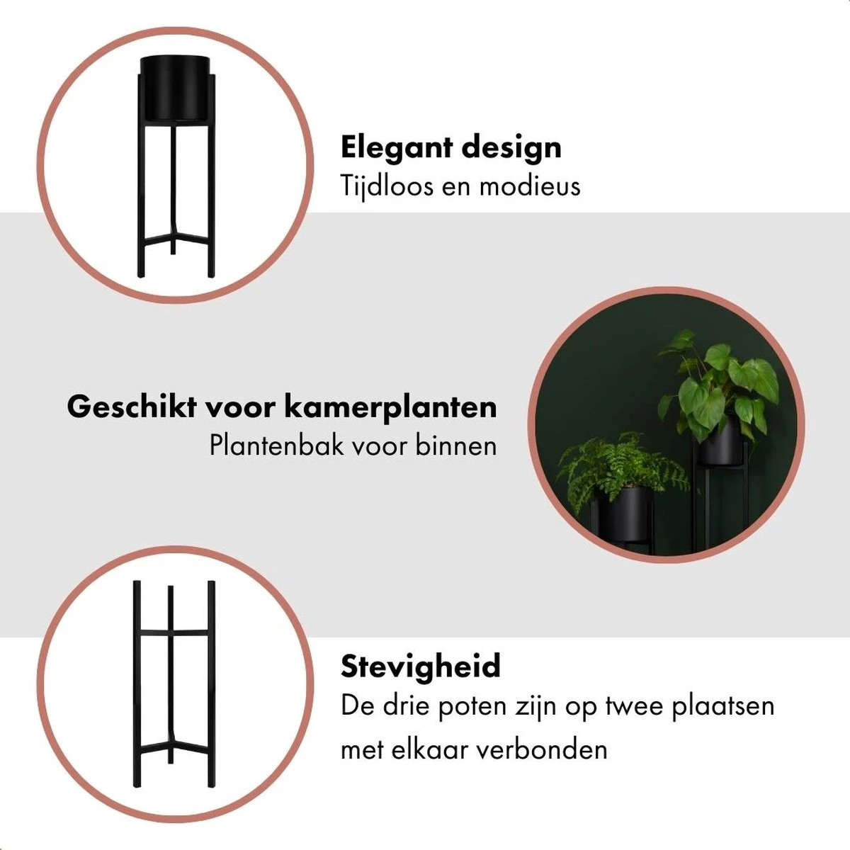 QUVIO Plantenstandaard Binnen - Inclusief Pot - Staande Plantenbak - Metaal - Bloempot - 22 X 22 X 60 Cm - Zwart - Afbeelding 4