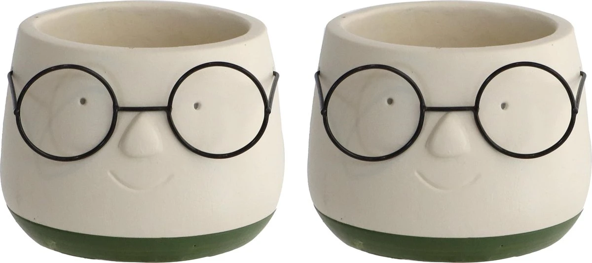 2x Bloempot Met Gezicht - Ø8 X H6,5 Cm - Bloempotten Voor Binnen Met Bril/Face/Hoofd - Afbeelding 2