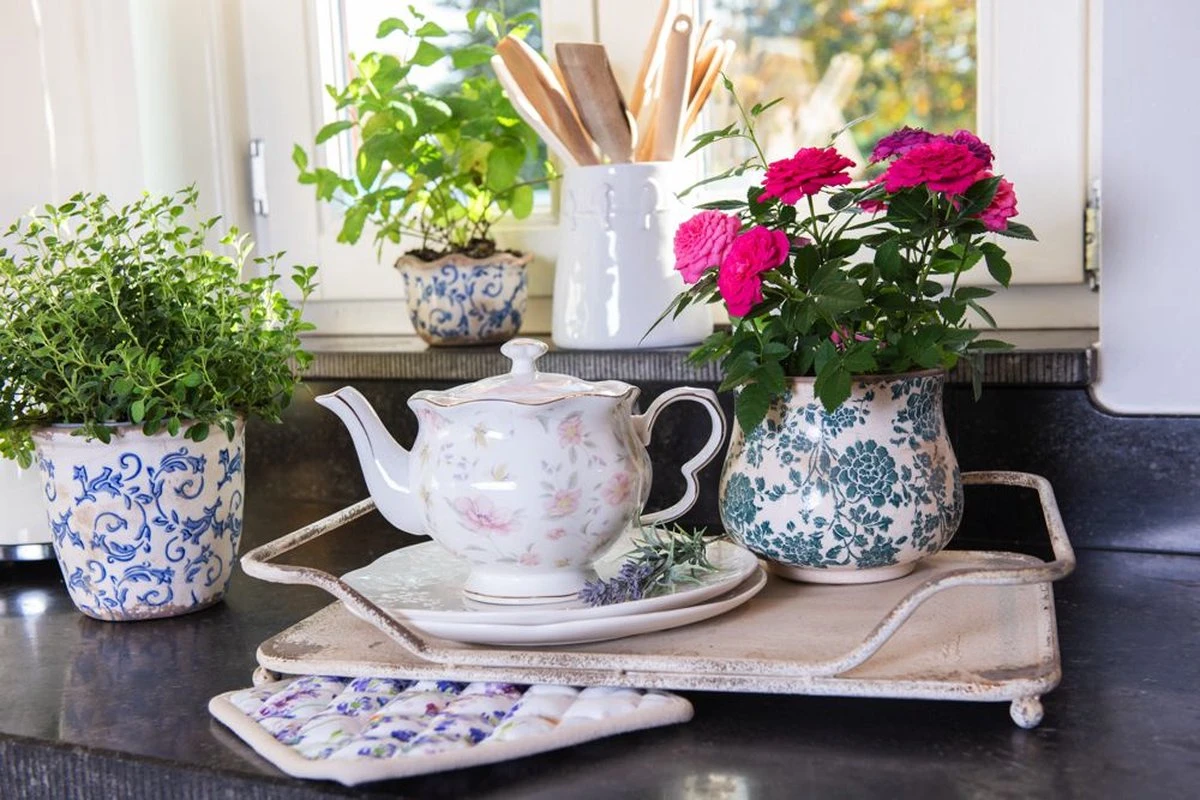 Clayre & Eef Bloempot Ø 21x17 Cm Beige Groen Keramiek Rond Bloemen Bloempot Binnen Plantenpot Plant Pot - Afbeelding 2