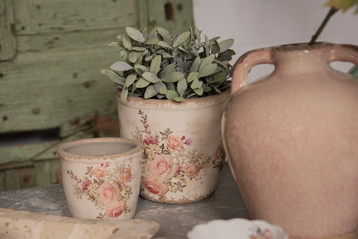 Clayre & Eef Bloempot Ø 11x10 Cm Roze Beige Keramiek Rond Bloemen Bloempot Binnen Plantenpot Plant Pot - Afbeelding 2