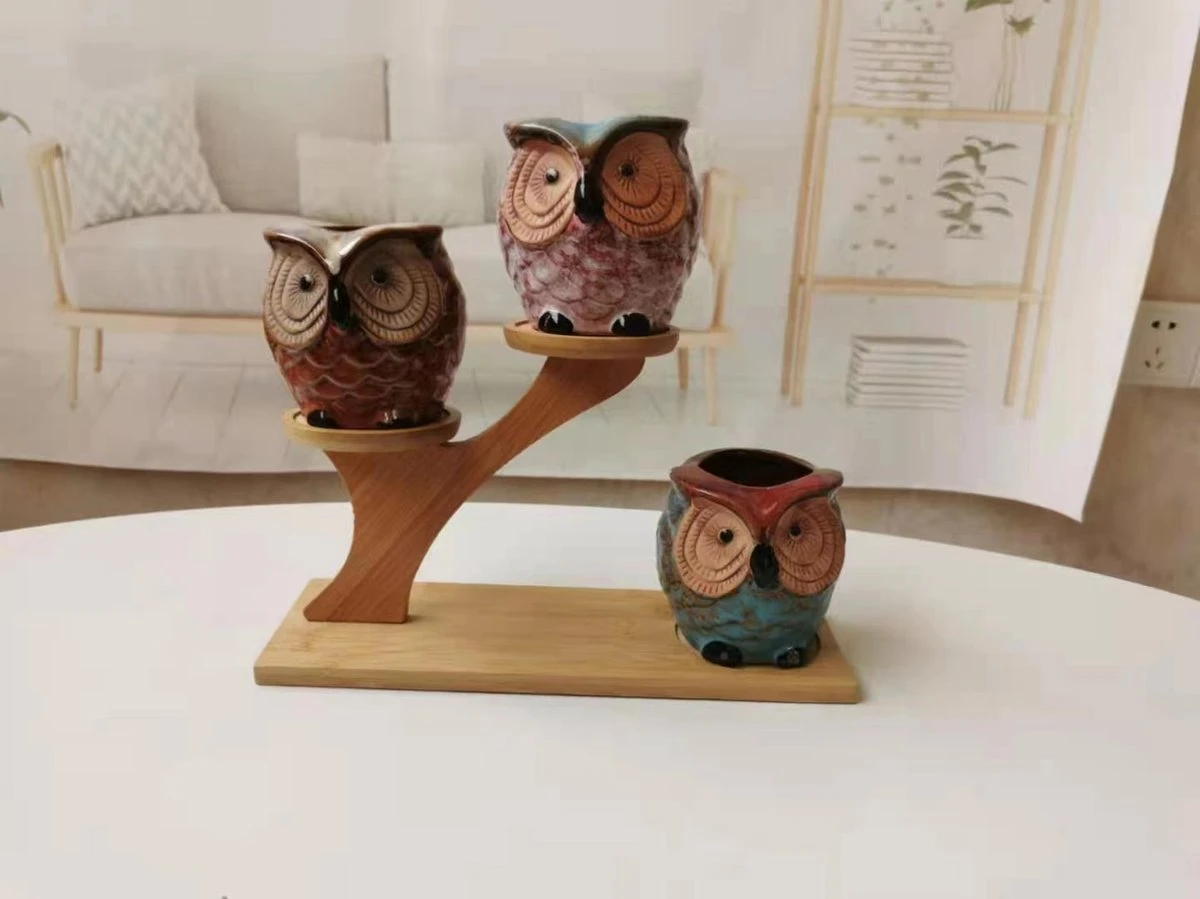 Luxe Bamboe Houten Boom Met 3 Keramiek Uil Bloempotten/Plantenpotten Op Standaard/Voet Voor Binnen En Buiten - Modern Design Bloempot/Plantenpot Op Poten/Pootjes-Plantenbak Mini Cactus Nep Plant Pot Houder - Kleine Bloembakken Plantenrek/Plantenkurk - Afbeelding 9