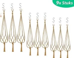 9 Stuks Jute Macrame Plantenhangers - Boho Handgeweven Katoen Hangpot Voor Binnen/Buiten - Hangende Bloempot Met Kralen - Macramé Touw/Koord Hangplant Houder - Bohemian Wandhanger Decoratie - Plant Hanger - Verticale Tuin Bloempothouder Planthanger