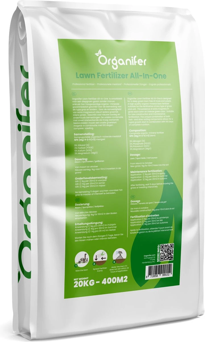 Gazonmest All-In-One (20Kg - Voor 400m2) Voor Een Diepgroen Sterk Gazon Zonder Mos En Onkruid - Complete Meststof Met Kalk En Grasversterker - Organifer