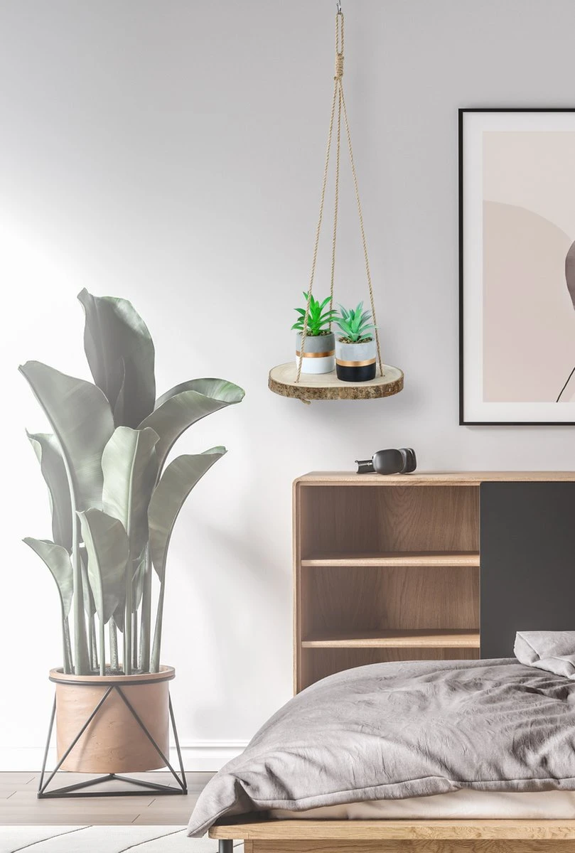 Set Van 2 Boomstam Rond Wandrek Plantenhangers - Boho Jute Houten Plantenrek - Hangpot Voor Binnen/Buiten - Hangende Bloempot Plank - Hangplant Houder - Bohemian Macrame Stijl Wandhanger - Hangplank Plant Hanger - Planthanger - Ø Rond 25-20cm - Afbeelding 3