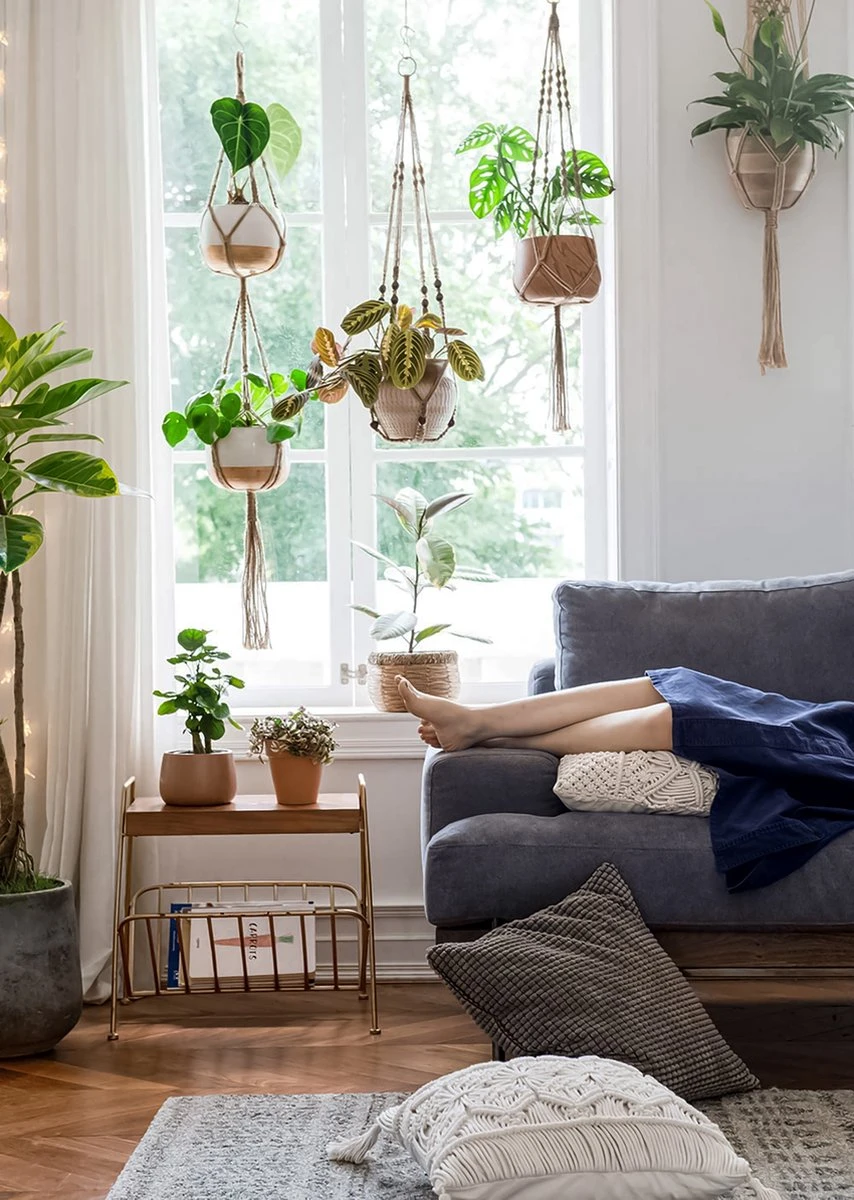 5 Stuks Luxe Jute Plantenhangers - Boho Handgeweven Katoen Hangpot Voor Binnen/Buiten - Hangende Bloempot Met Kralen - Macramé Touw/Koord Hangplant Houder - Bohemian Wandhanger Decoratie - Plant Hanger - Verticale Tuin Bloempothouder Planthanger - Afbeelding 2