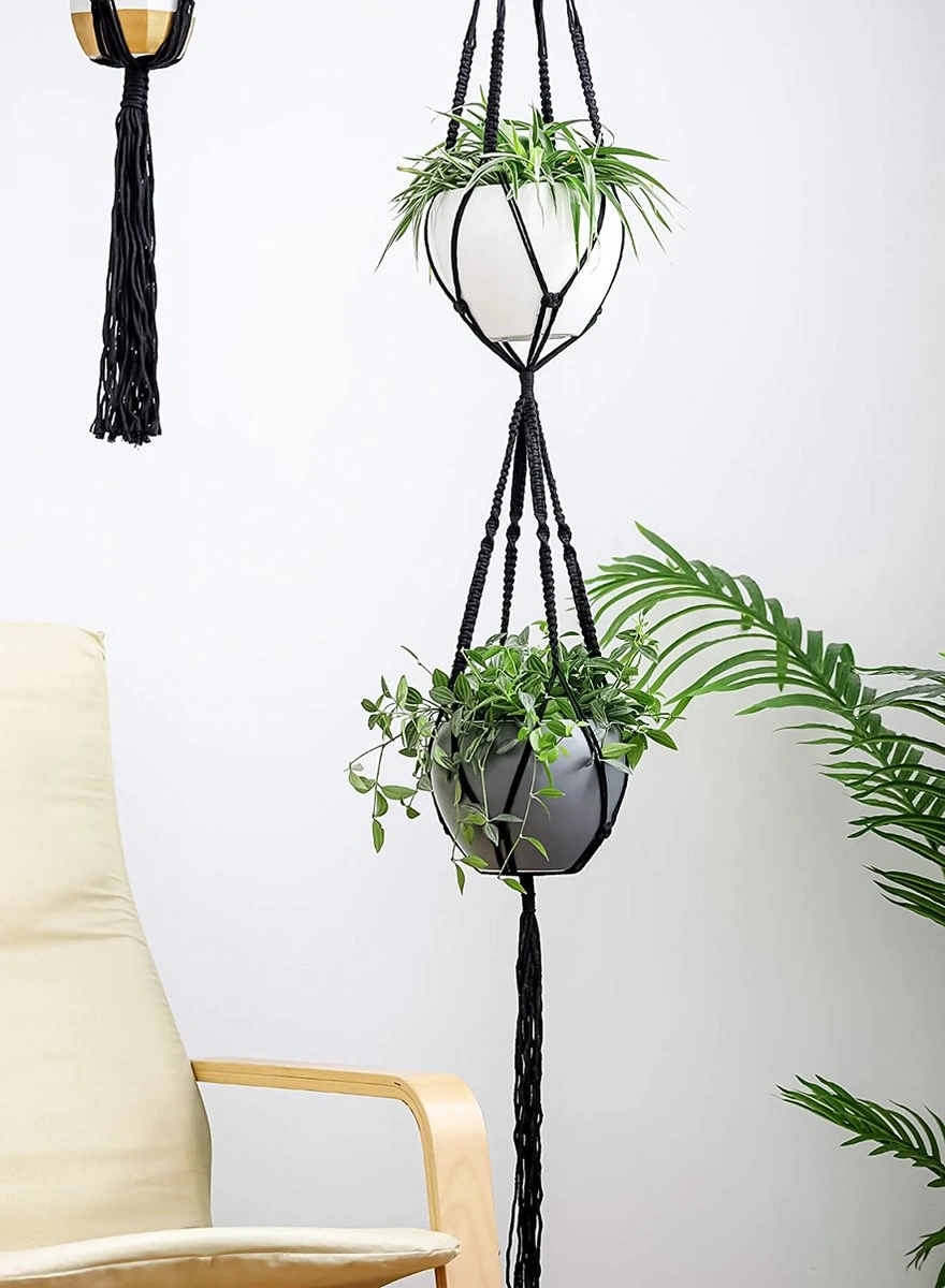 4 Stuks Luxe Macrame Plantenhangers - Boho Handgeweven Katoen Hangpot Voor Binnen/Buiten - Hangende Bloempot Met Kralen - Macramé Touw/Koord Hangplant Houder - Bohemian Wandhanger Decoratie - Plant Hanger - Verticale Tuin Bloempothouder Planthanger - Afbeelding 5