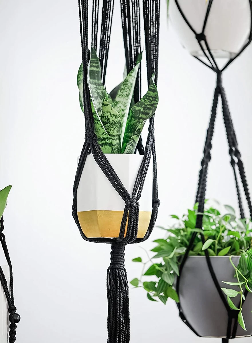 4 Stuks Luxe Macrame Plantenhangers - Boho Handgeweven Katoen Hangpot Voor Binnen/Buiten - Hangende Bloempot Met Kralen - Macramé Touw/Koord Hangplant Houder - Bohemian Wandhanger Decoratie - Plant Hanger - Verticale Tuin Bloempothouder Planthanger - Afbeelding 6