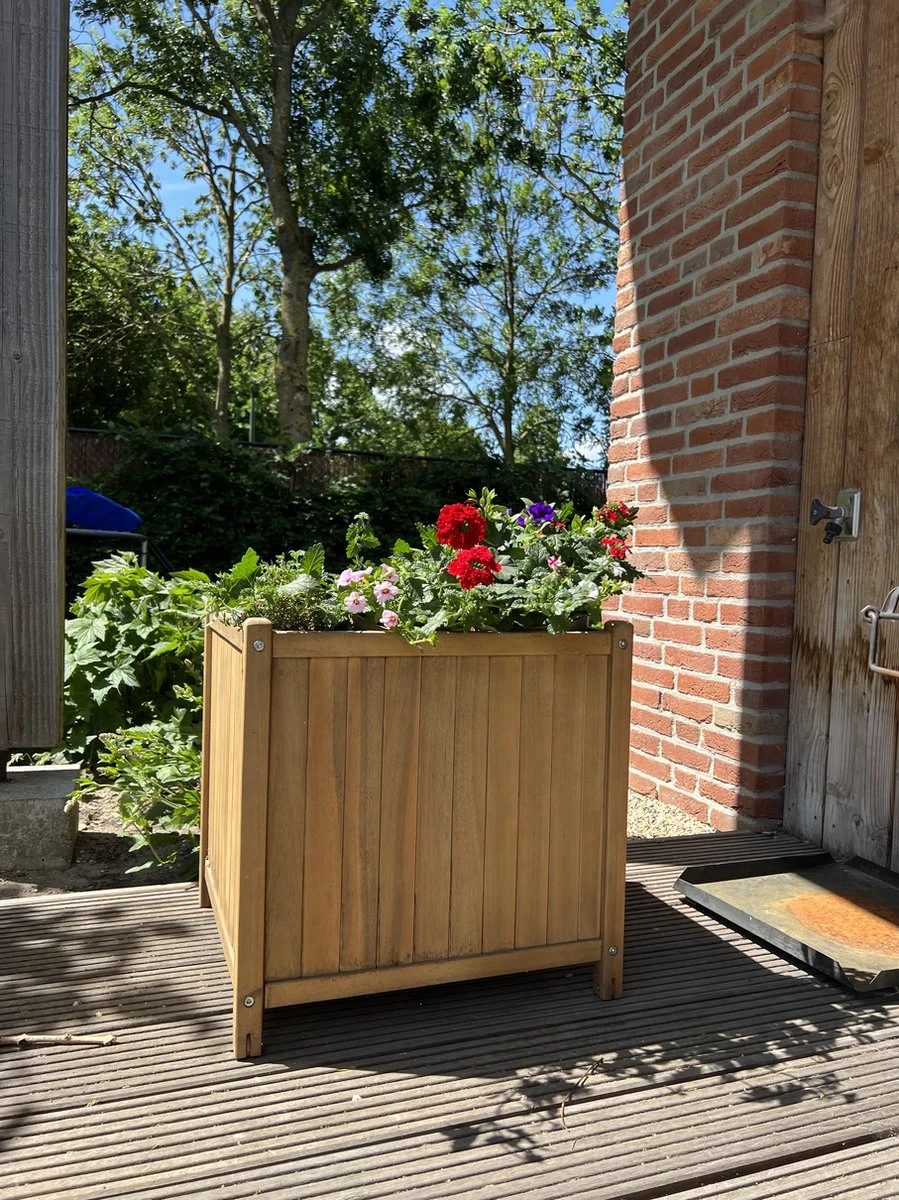 Houten Plantenbak Met Wieltjes 50x50 - Geolied Duurzaam FSC Acaciahout – Bloembak Buiten - Plantenbakken Buiten - Perfecthomeshop - Afbeelding 2