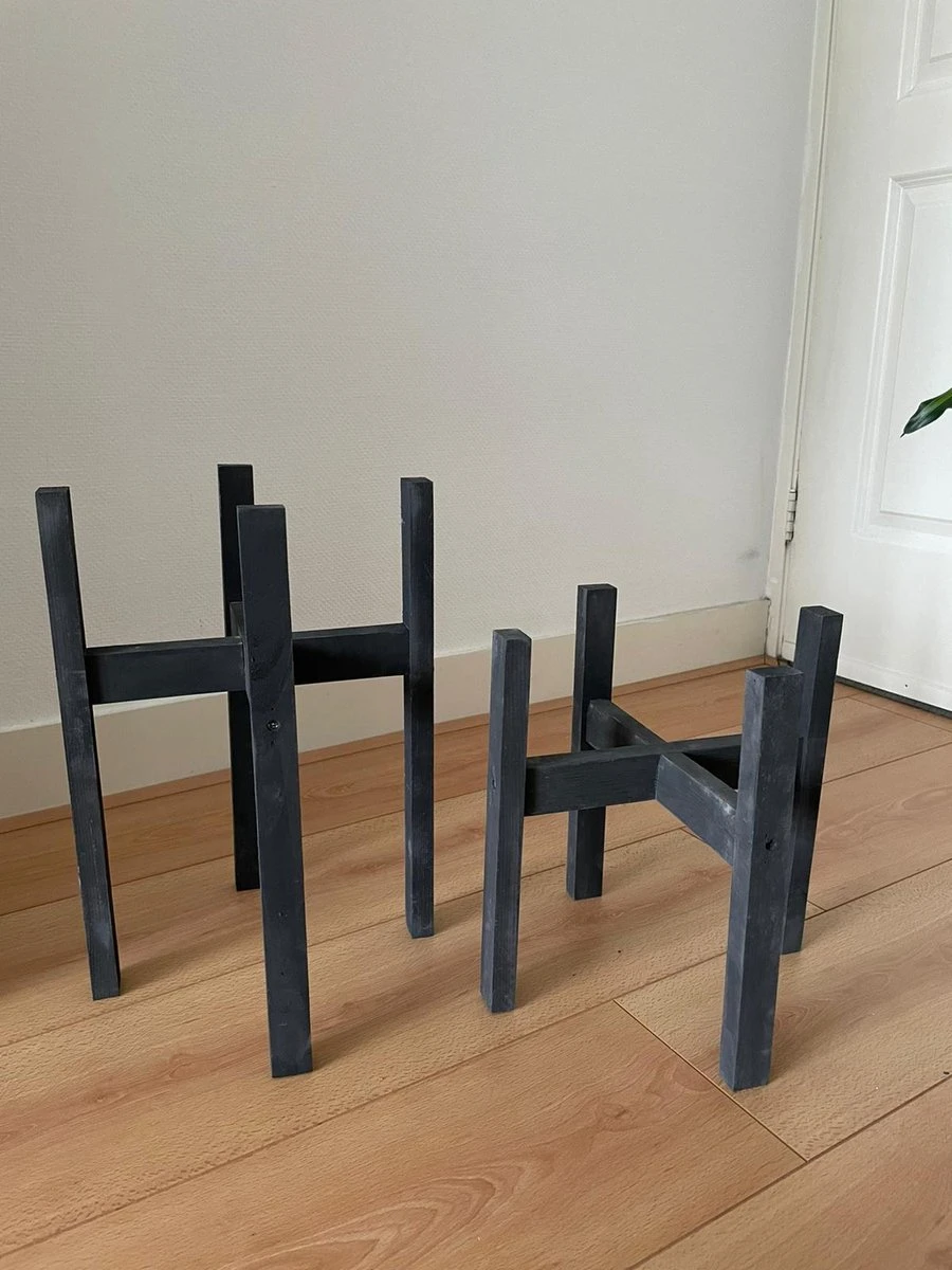 Plantenstandaard Binnen - Set Van 2 - Diameter Tot 24 Cm - Plantenkruk - Bloempotten Voor Binnen - Plantentafeltje Voor Binnen - Bloempot Standaard - Plantenstandaard - Hout - Mat Zwart/Donkergrijs - Afbeelding 4