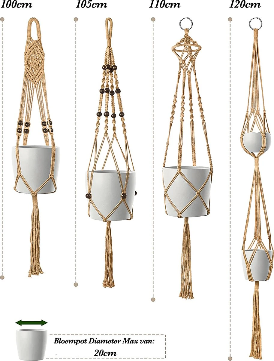 4 Stuks Luxe Jute Plantenhangers - Boho Handgeweven Katoen Hangpot Voor Binnen/Buiten - Hangende Bloempot Met Kralen - Macramé Touw/Koord Hangplant Houder - Bohemian Wandhanger Decoratie - Plant Hanger - Verticale Tuin Bloempothouder Planthanger - Afbeelding 8
