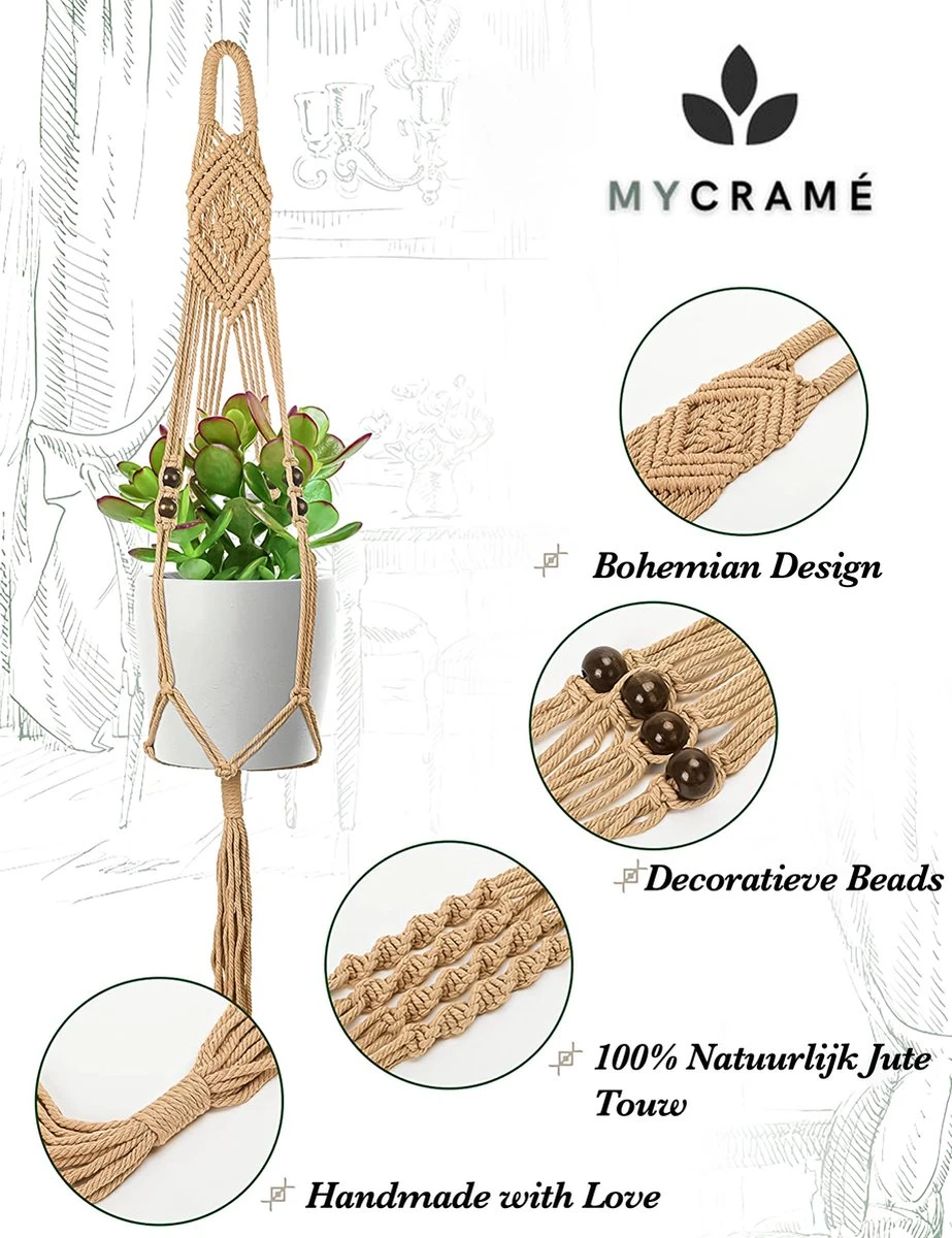 5 Stuks Jute Macrame Plantenhangers - Boho Handgeweven Katoen Hangpot Voor Binnen/Buiten - Hangende Bloempot Met Kralen - Macramé Touw/Koord Hangplant Houder - Bohemian Wandhanger Decoratie - Plant Hanger - Verticale Tuin Bloempothouder Planthanger - Afbeelding 6