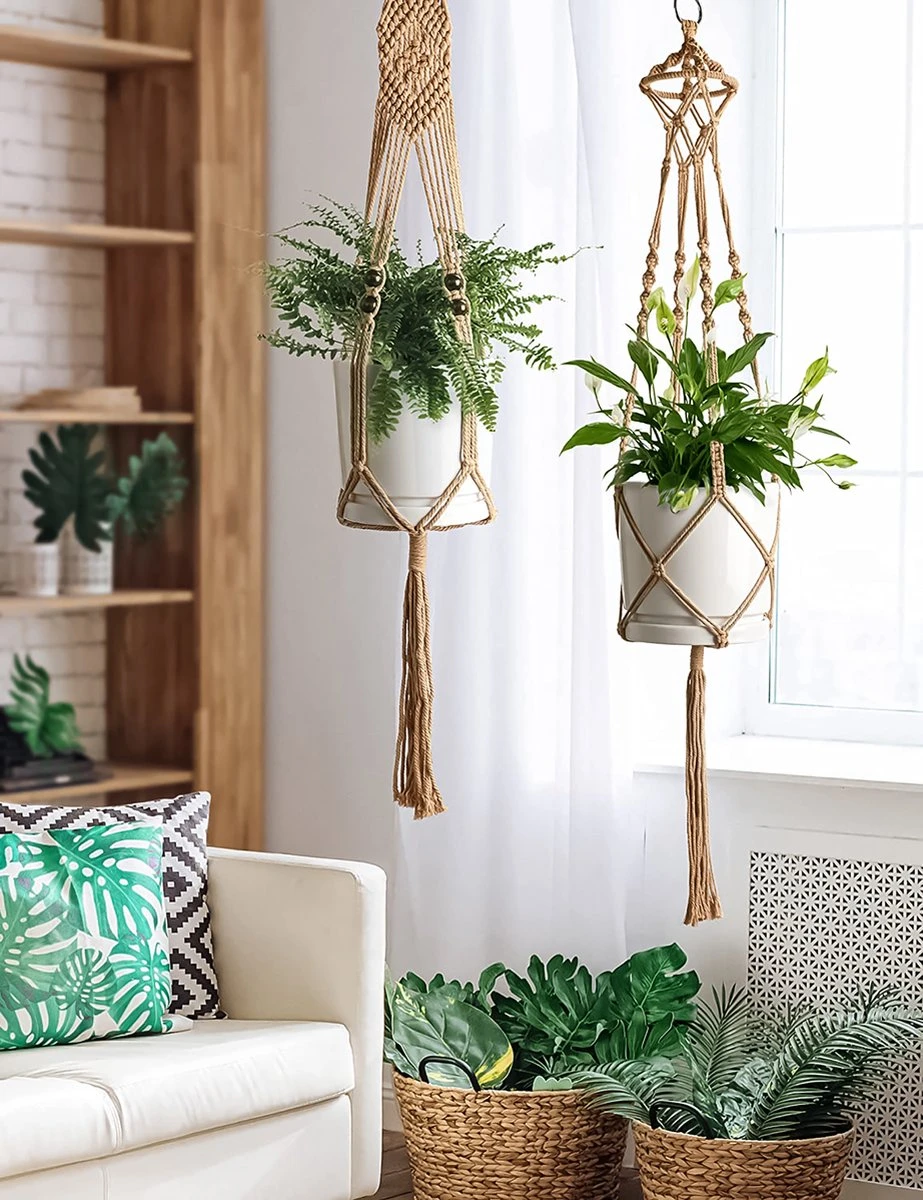 4 Stuks Luxe Jute Plantenhangers - Boho Handgeweven Katoen Hangpot Voor Binnen/Buiten - Hangende Bloempot Met Kralen - Macramé Touw/Koord Hangplant Houder - Bohemian Wandhanger Decoratie - Plant Hanger - Verticale Tuin Bloempothouder Planthanger - Afbeelding 2
