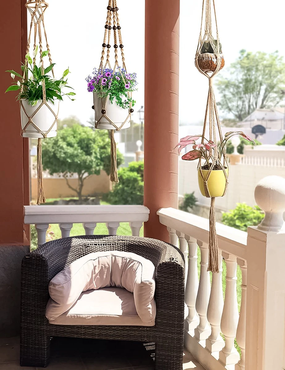 4 Stuks Luxe Jute Plantenhangers - Boho Handgeweven Katoen Hangpot Voor Binnen/Buiten - Hangende Bloempot Met Kralen - Macramé Touw/Koord Hangplant Houder - Bohemian Wandhanger Decoratie - Plant Hanger - Verticale Tuin Bloempothouder Planthanger - Afbeelding 4
