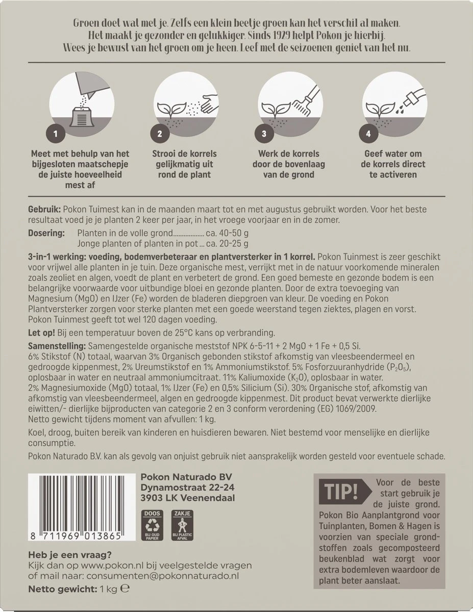 Pokon Tuinmest - 1kg - Meststof - 3-in-1 Werking - Afbeelding 3